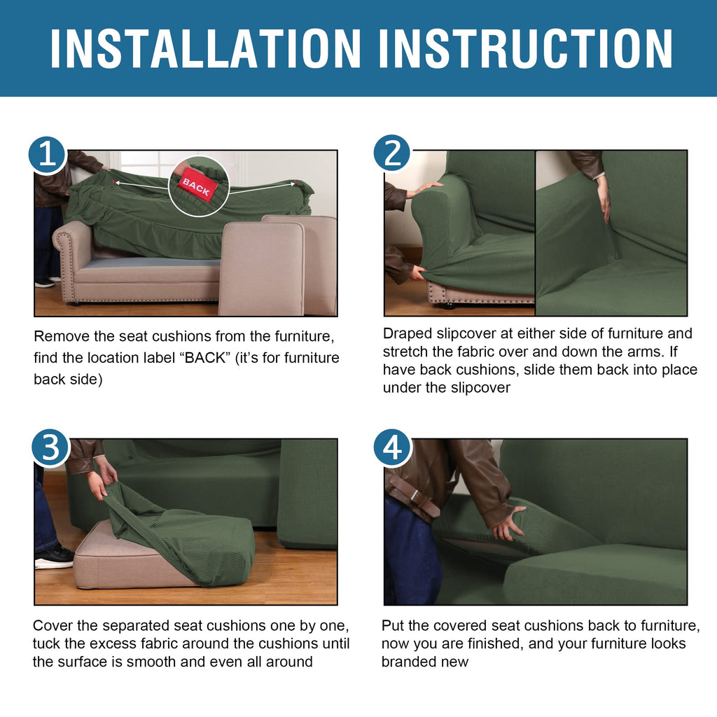 H.VERSAILTEX 3 Piece Stretch Sofa Covers for 2 Cushion Loveseat Couch Covers for Living Room Furniture Cover (Base Cover Plus 2 Seat Cushion Covers) Thicker Jacquard Fabric(Medium, Bronze Green)