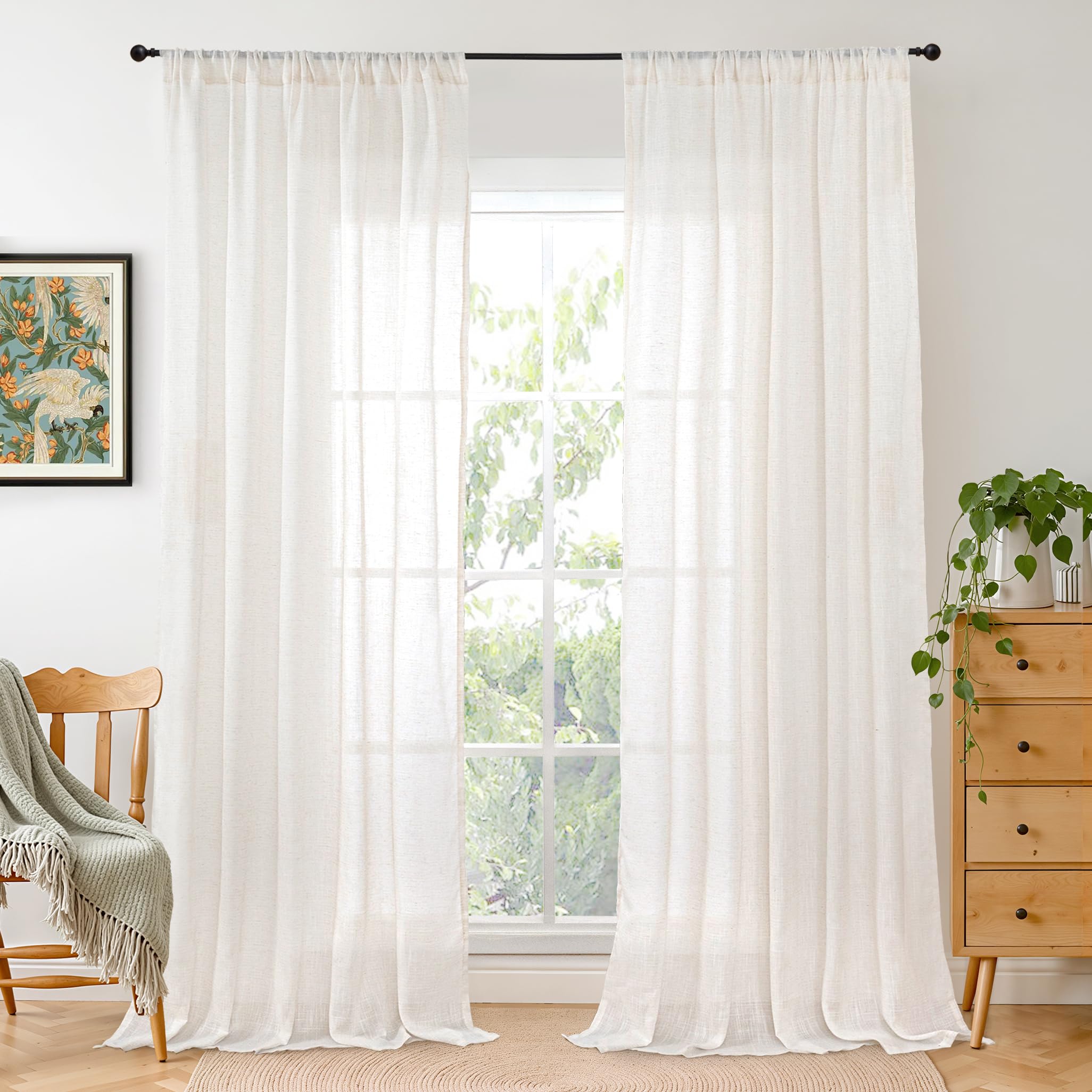 BGment Linen Sheer Curtains 96 Inches Long for Bedroom 2 Panels