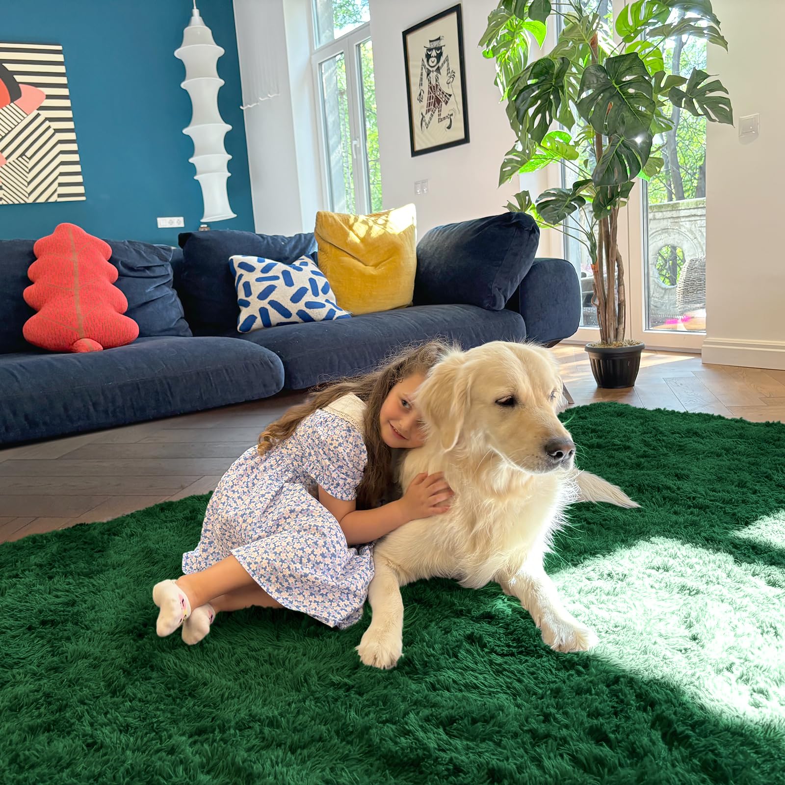 OLANLY 9x12 Machine Washable Large Area Rugs for Living Room, Bedroom, Soft Fluffy Shaggy Bedside Rug, Indoor Floor Carpet for Kids Girls and Boys, Dorms, Nursery, Home Decor Aesthetic, Dark Green