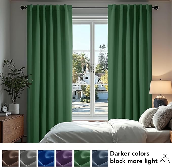 Deconovo Solid Back Tab and Rod Pocket Curtains Thermal Insulated Blackout Window Curtains for Living Room 52Wx84L Inch Dark Forest 2 Panels