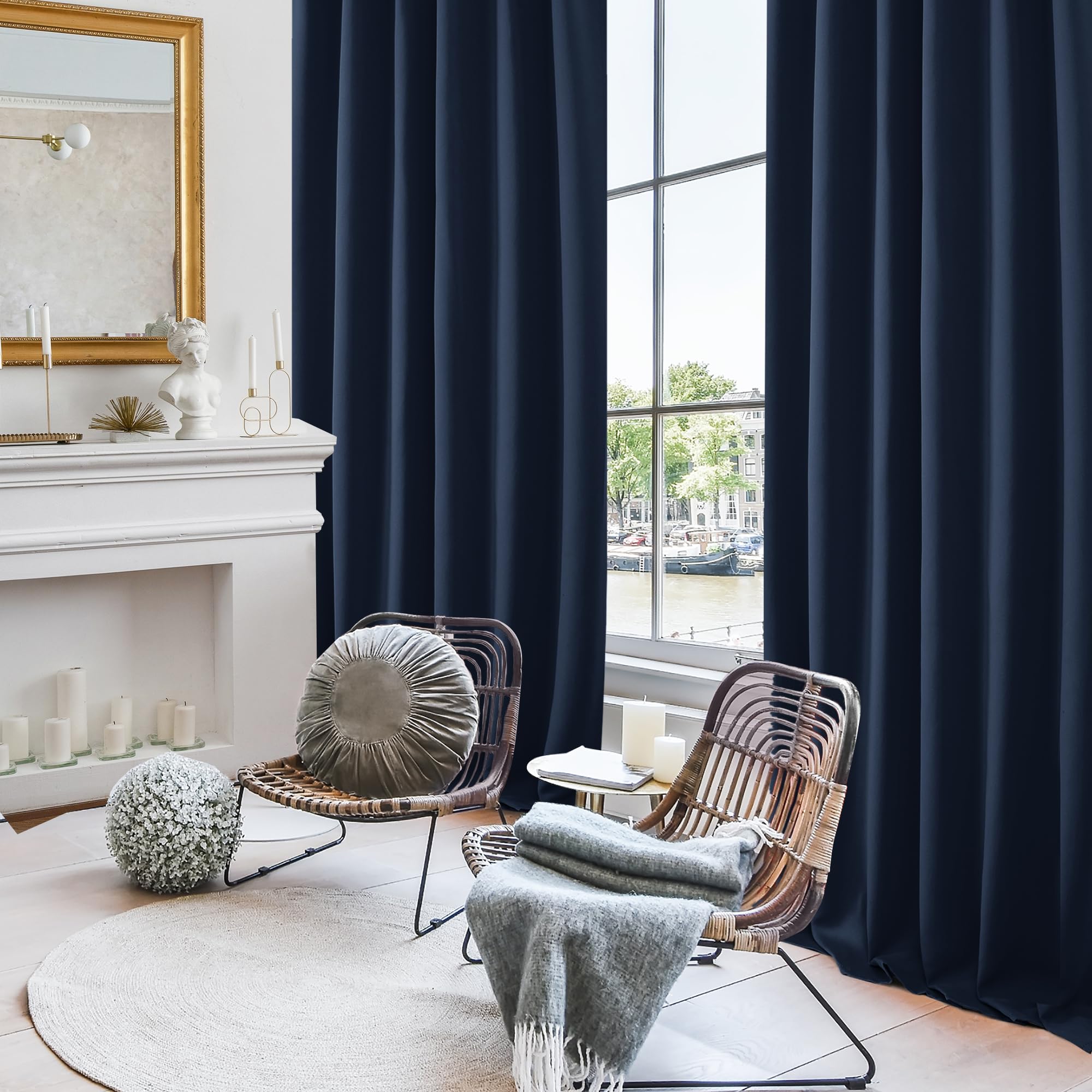 Deconovo Solid Back Tab and Rod Pocket Curtains Blackout Curtains Thermal Insulated Drapes Room Darkening Curtains for Living Room 52Wx84L Inch Navy Blue 2 Panels