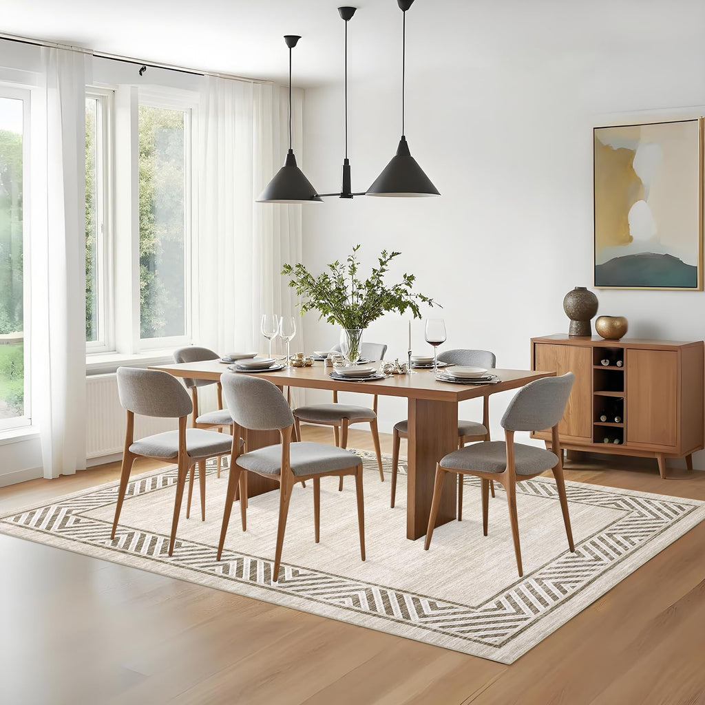 GarveeHome Bordered Bedroom Rugs 5x7 Ultra-Soft Indoor Carpet, Non-Slip Modern Geometric Living Room Rug, Stain-Resistant Neutral Accent Floor Cover for Dining Room, Nursery, Office, Beige