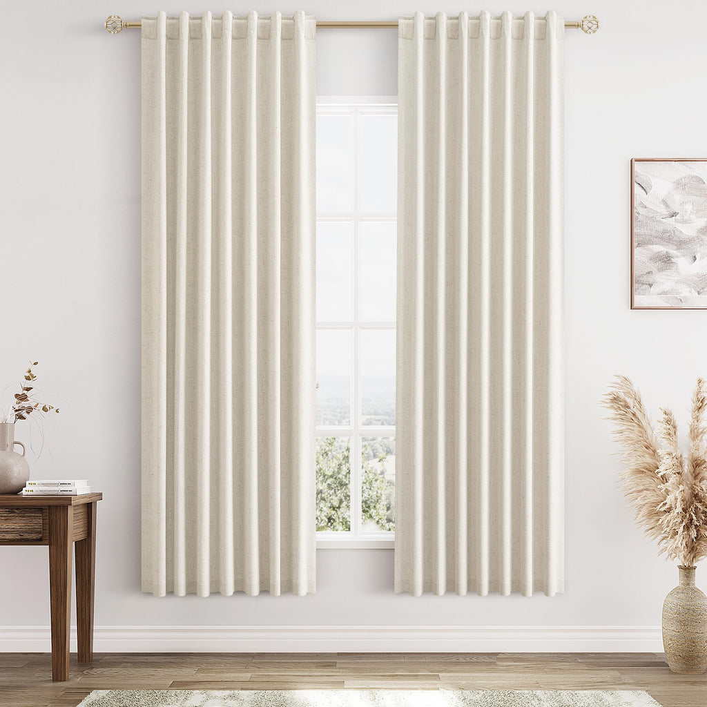 Guken White 100% Blackout Linen Curtains 52 Inch Wide by 60 Inch for Living Room Bedroom Back Tab Thermal Insulated Black Out Linen 2 Drapes Room Darkening Farmhouse Window Curtains