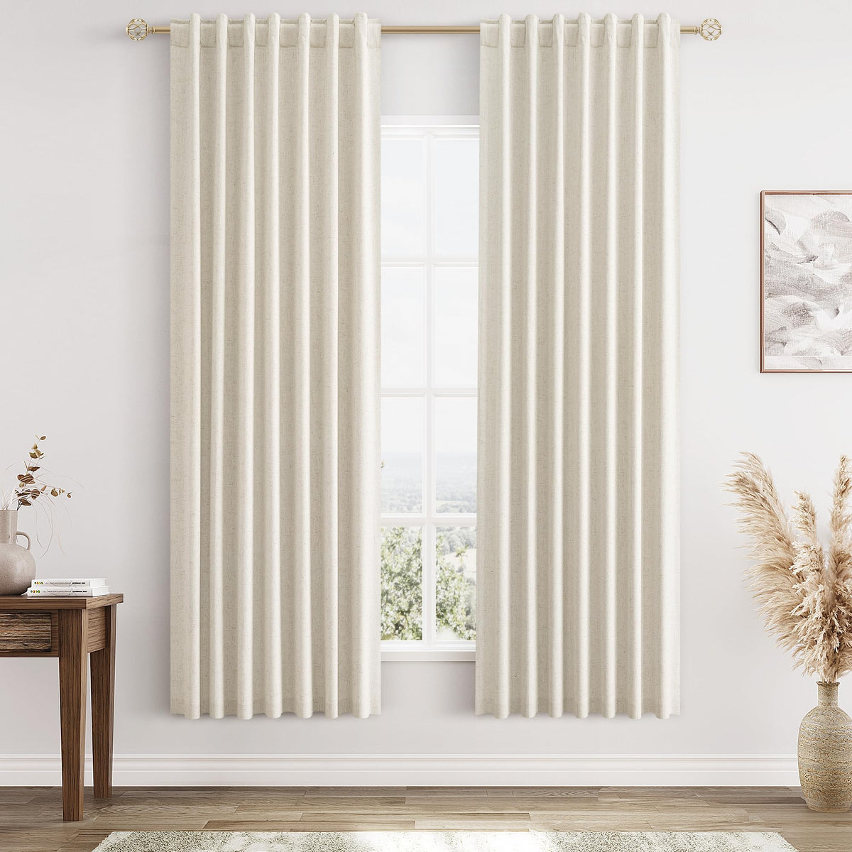 Guken White 100% Blackout Linen Curtains 52 Inch Wide by 60 Inch for Living Room Bedroom Back Tab Thermal Insulated Black Out Linen 2 Drapes Room Darkening Farmhouse Window Curtains