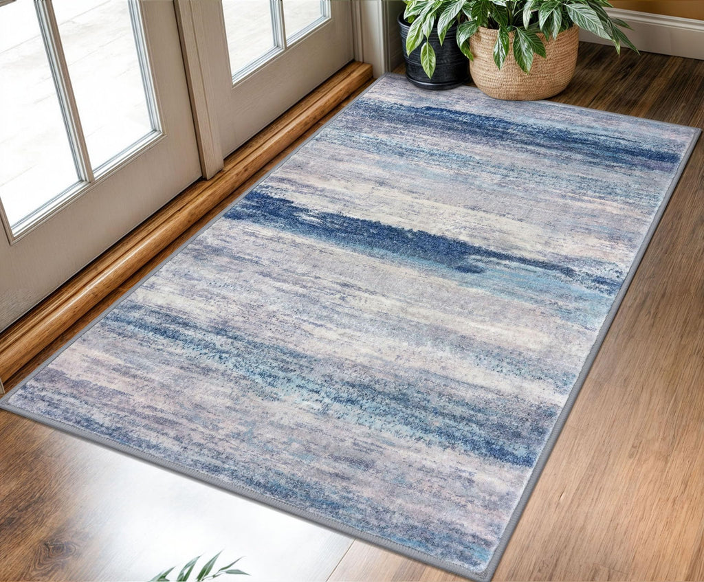KOZYFLY 3x5 Rug Modern Ombre Living Room Area Rug, Washable Rugs for Bedroom Non-Slip Soft Stain Resistant Striped, Print Blue/Grey/Beige Abstract Carpet for Living/Laundry/Kid Room