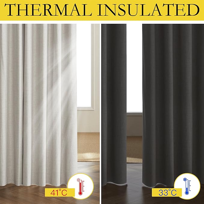 NICETOWN Snowbound Vintage Linen 100% Blackout Curtains for Classroom, Thermal Insulated Curtains 63" Long, Noise Reducing Window Treatment Drapes for Gym Room, 42" Wide Per Panel, Set of 2