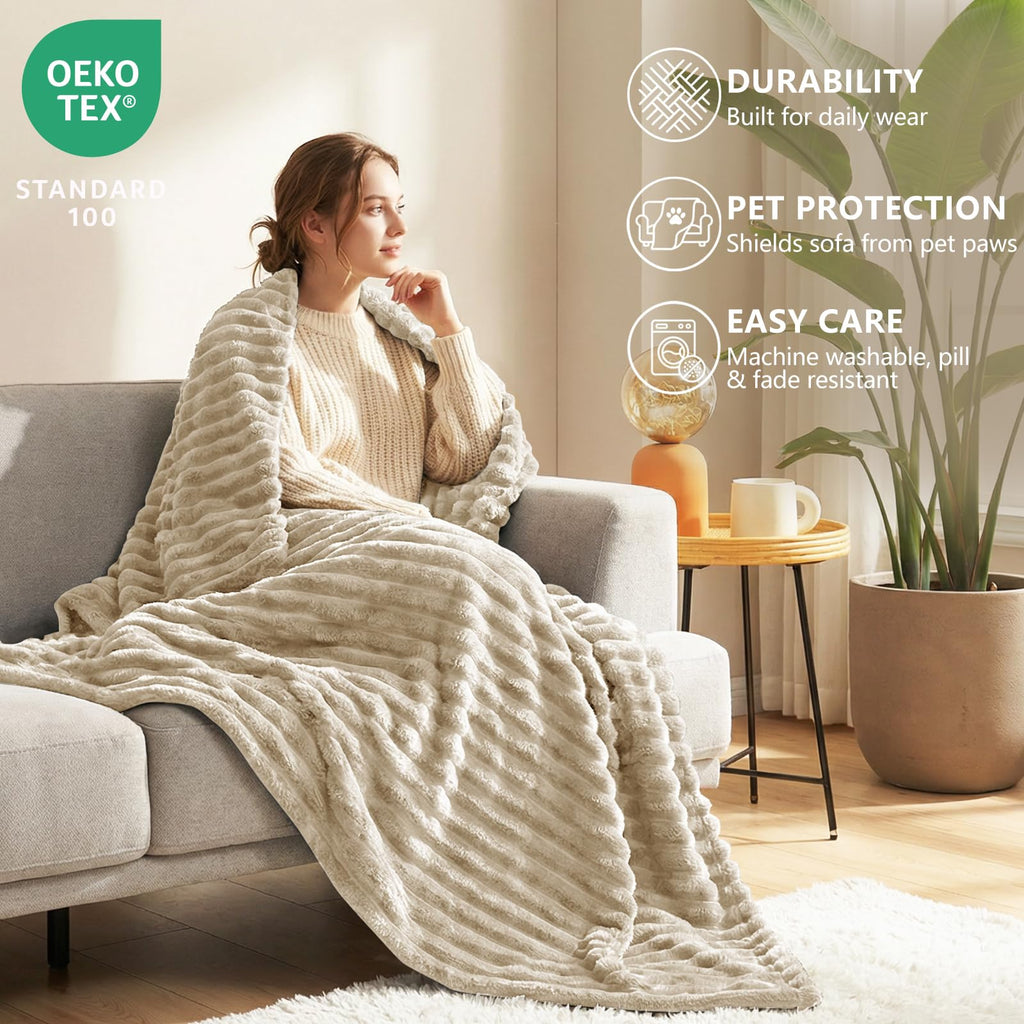 HIMEET Linen Twin Blanket for Bed, 300GSM Ribbed Fleece, 60 x 80 Inches