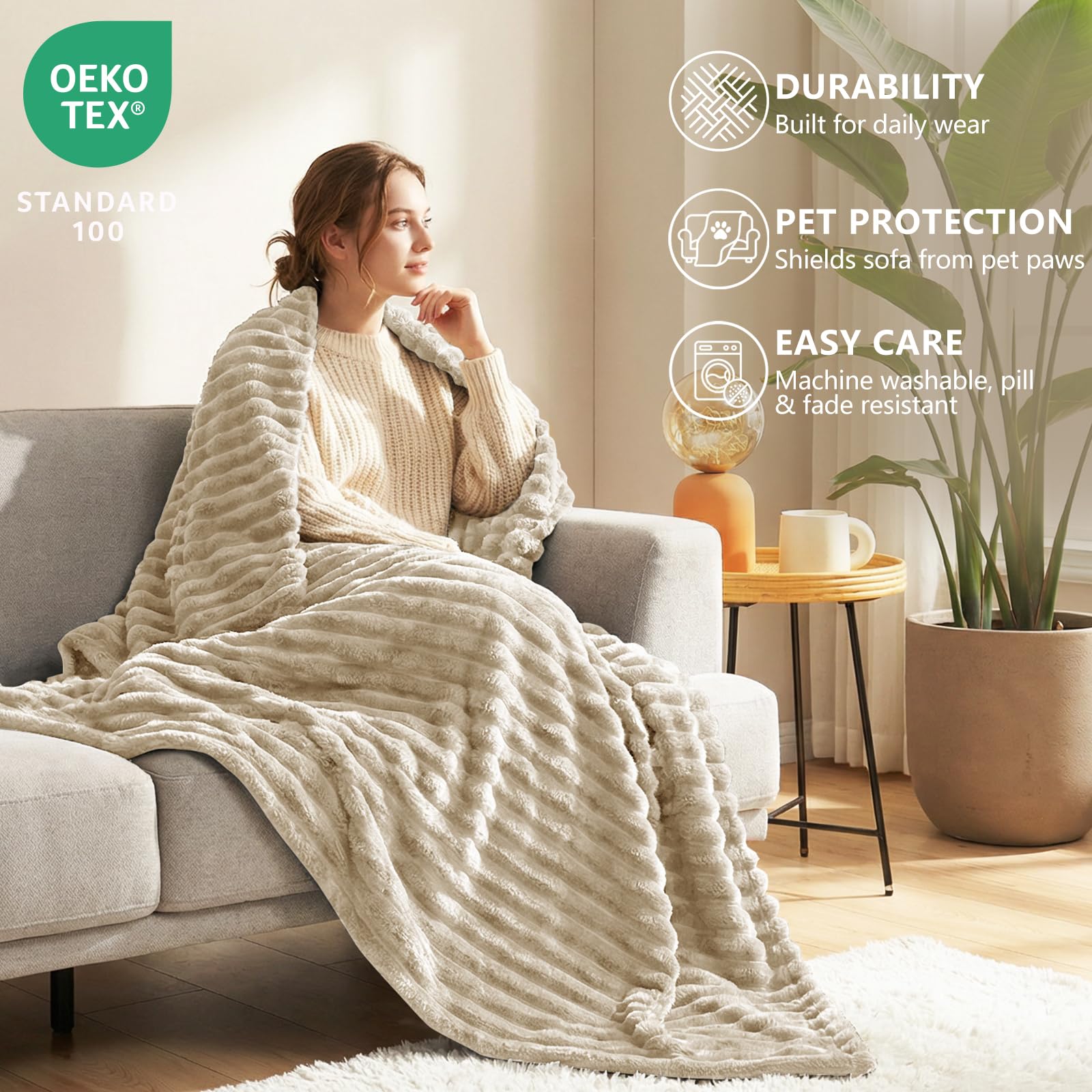 HIMEET Linen Twin Blanket for Bed, 300GSM Ribbed Fleece, 60 x 80 Inches