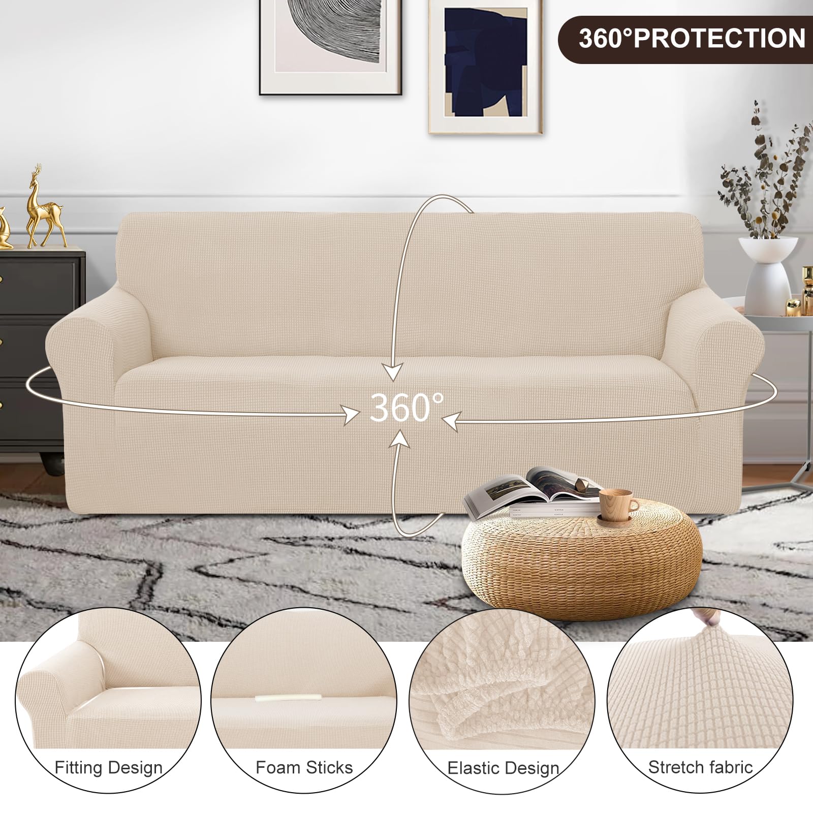 U-NICE HOME Stretch Couch Cover Slipcover for 3 Cushion Sofa, Beige