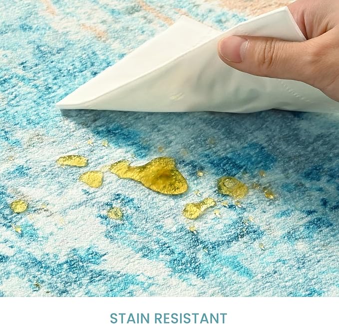 Area Rug 4x6 Teal Blue Rug Washable Boho Rugs Non Slip Low Pile Abstract Small Carpet for Entryway, Bedroom, Kitchen, Classroom, Kids Room, Office, Dorm, Dining Room