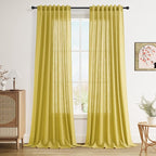 Nanspring Celery Yellow Linen Curtains 90 Inches Long 2 Panel Set Back Tab Rod Pocket Light Weight Semi Sheer Neutral Farmhouse Decor for Living Room and Bedroom 52x90