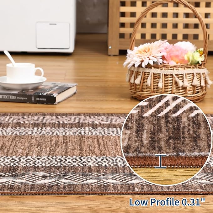 GarveeHome Modern Geometric Area Rug 2x3 Distressed Bordered Washable Non Slip Floor Small Carpet Non Shedding Thin Soft Low Pile Rug, Contemporary Gray Rug for Dining Room, Living Room Dark Brown