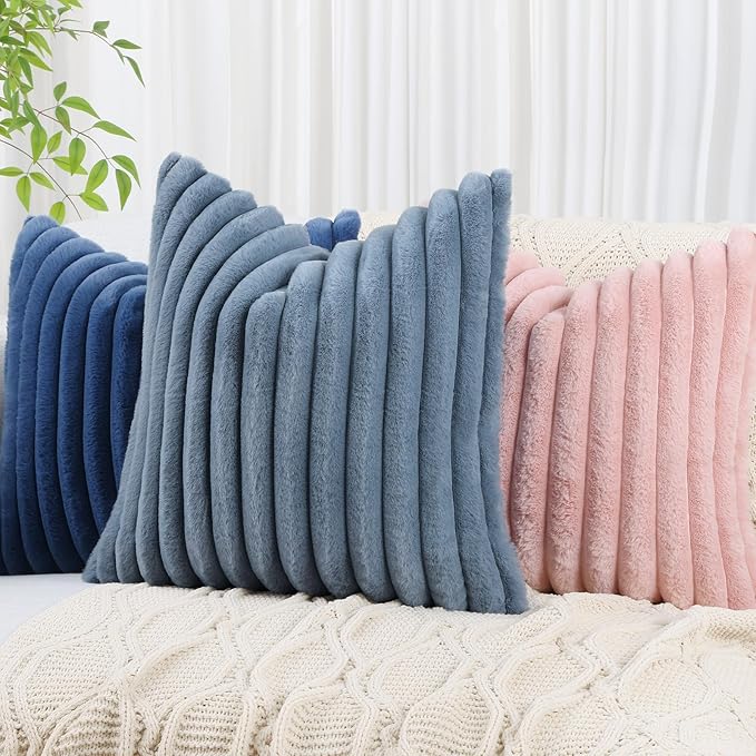 decorUhome Fall Faux Fur Throw Pillow Covers 22x22 Set of 2 Grey Blue