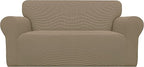 Easy-Going Stretch Loveseat Slipcover 1-Piece Sofa Cover Furniture Protector Couch Soft with Elastic Bottom for Kids Polyester Spandex Jacquard Fabric Small Checks (Loveseat, Tan)