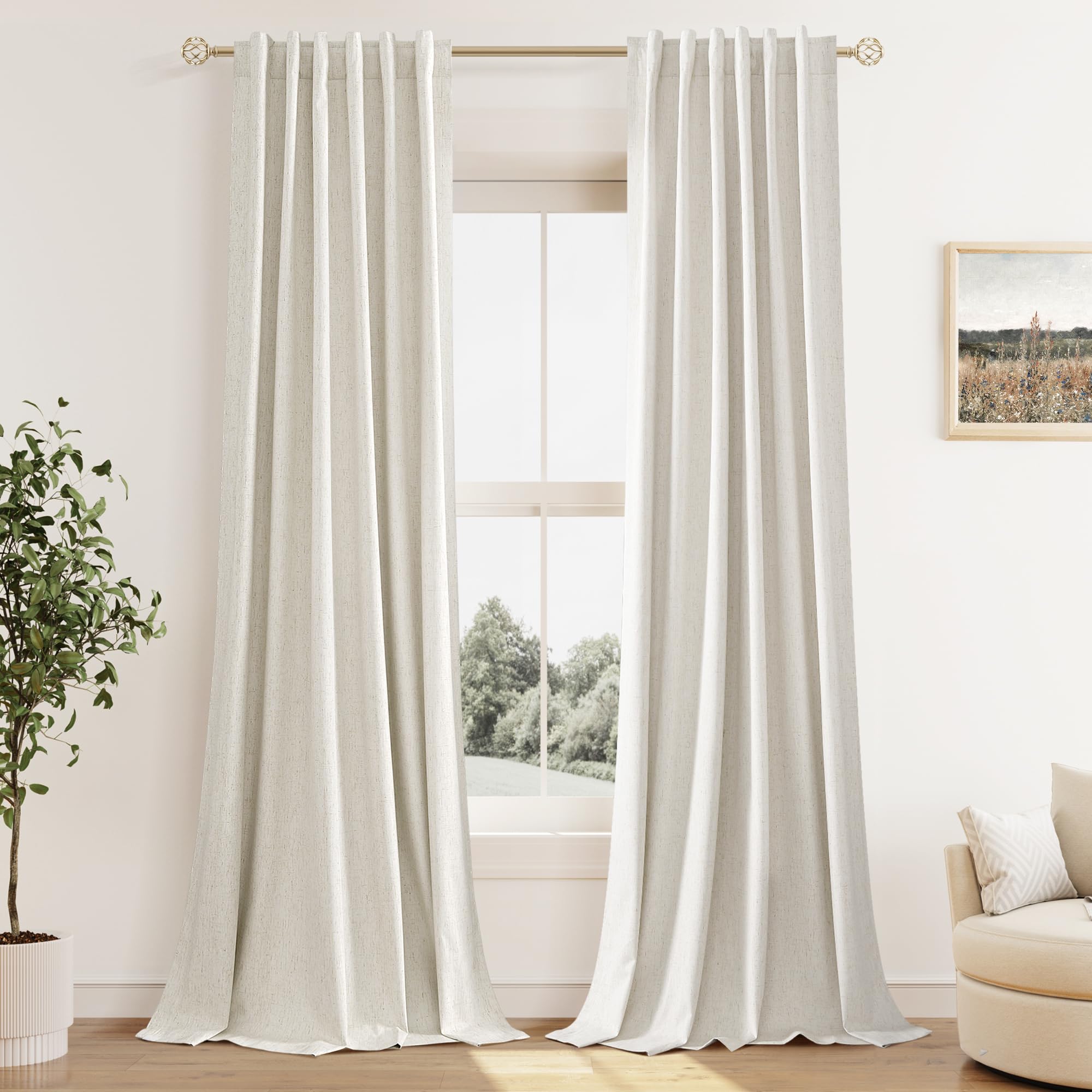 Guken 100% Blackout Linen Curtains for Bedroom 90 Inches Long Natural Cream Black Out Curtain Back Tab Thermal Insulated Room Darkening Window Drapes for Living Room 2 Panels Beige Ivory 38x90