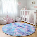 ONASAR Rainbow Round Area Rugs 5ft, Soft Bedroom Circle Rug Mats for Kids Girls Teen Room, Mermaid Fluffy Plush Shaggy Carpet for Baby Nursery Living Room Playroom Home Decor Princess Castle