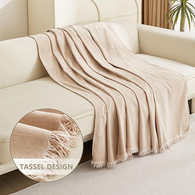 MYSKY HOME Chenille Couch Covers for Sectional Sofa, Couch Cover for Dogs, Washable Sofa Cover, Soft Furniture Protector, Sofa Covers for Futon, Loveseat, Cushion Cover with Tassel, 71"x 102", Khaki