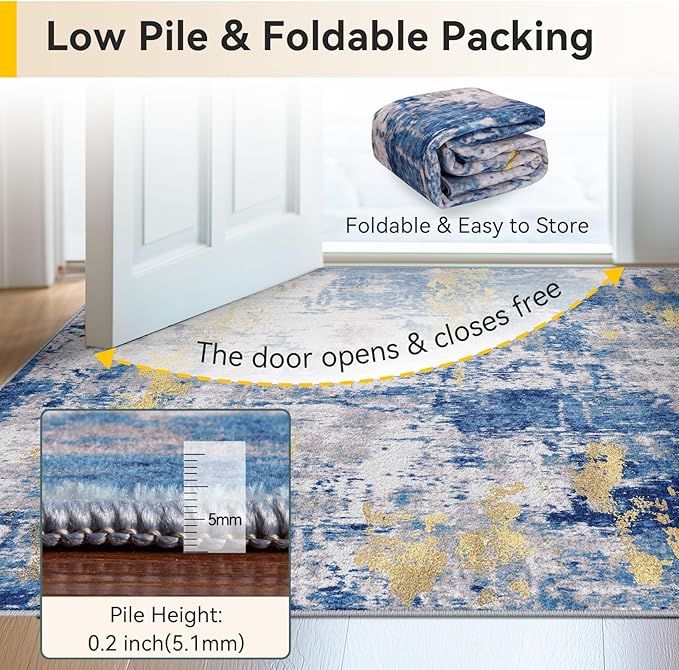 RELEANY Washable 8'x10' Abstract Area Rug for Living Room Blue Gold