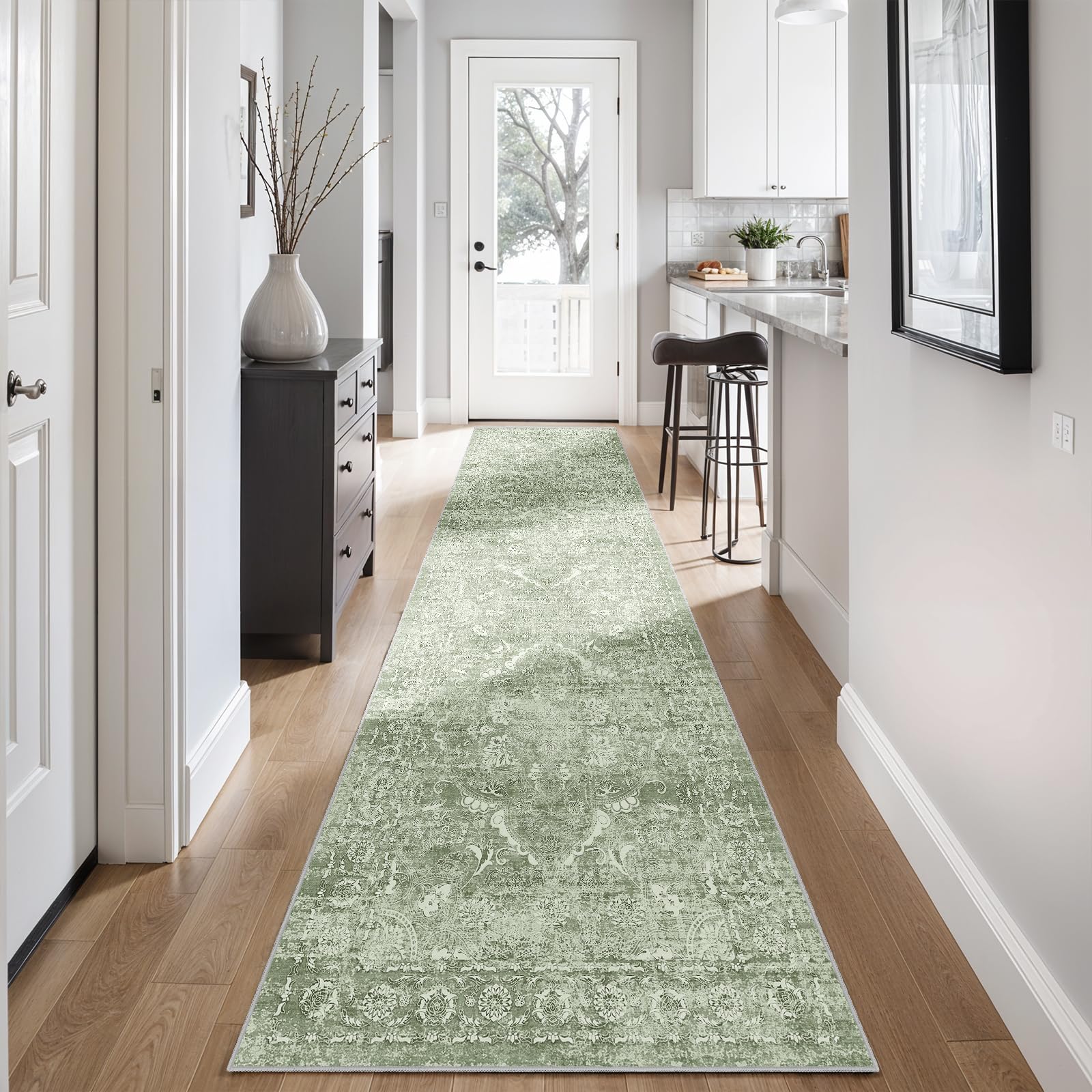 2'6"x16 Washable Long Runner Rug: Vintage Non Slip Hallway Rug SageGreen