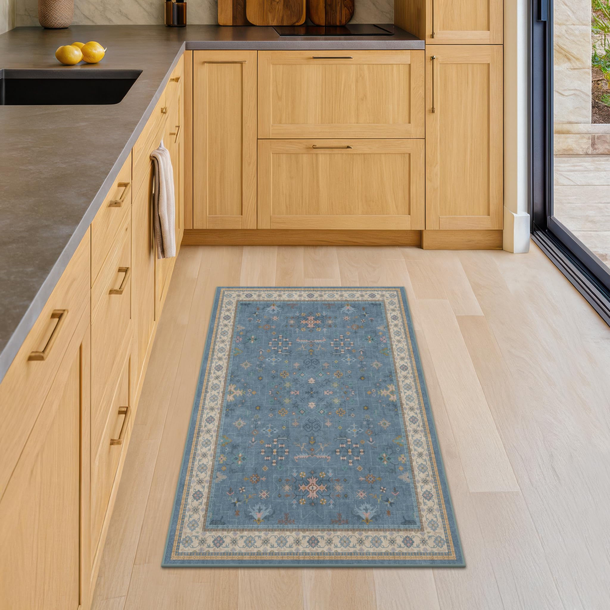 Blue 2x3 Washable Rug for Entryway Indoor, Kitchen Floor Waterproof, Bathroom, Powder Room, Non Slip Low Pile Stain & Fade Resistant, Modern Eclectic Floral Decor