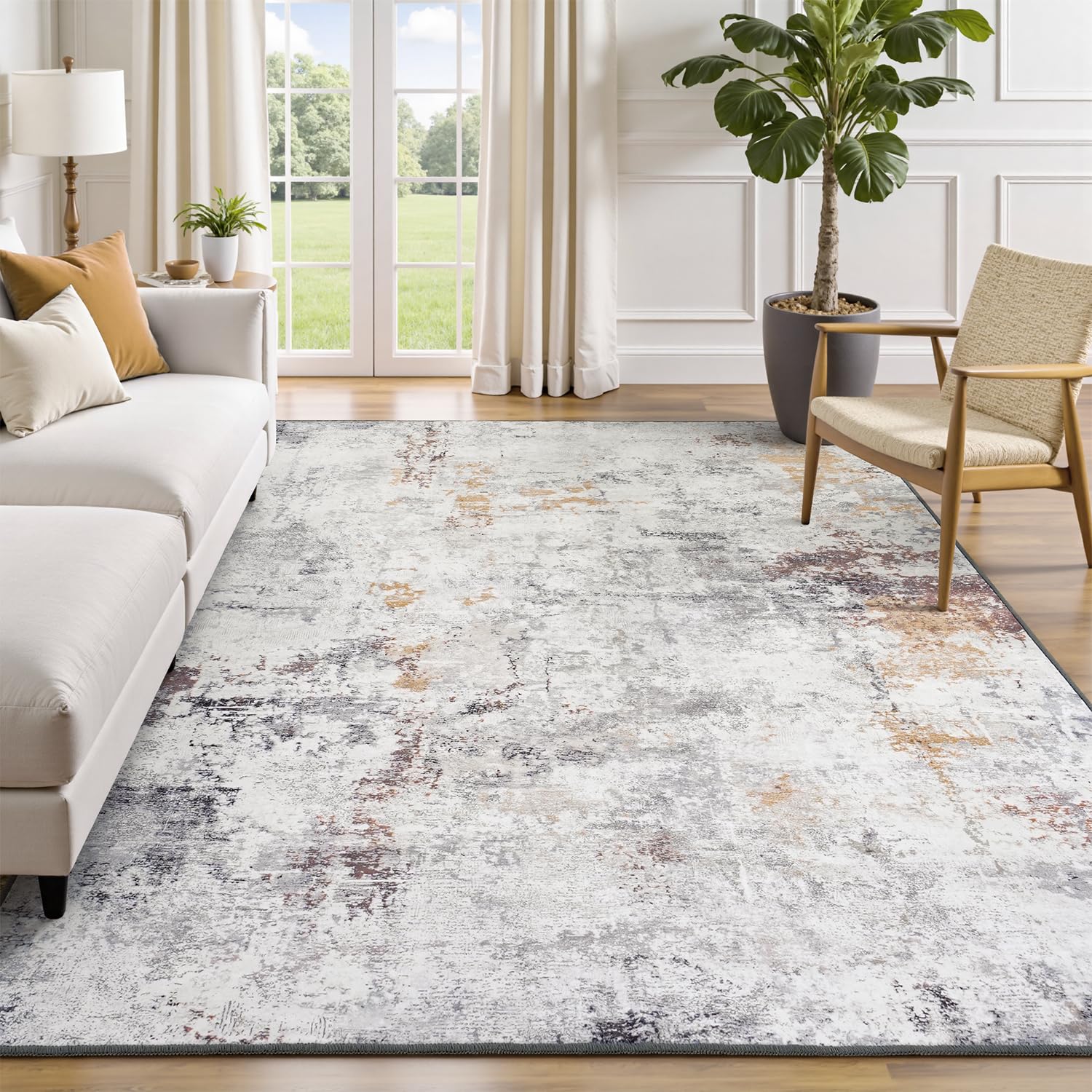 Rugflix 5x7 Area Rugs for Living Room, Washable Beige Grey Large Rug