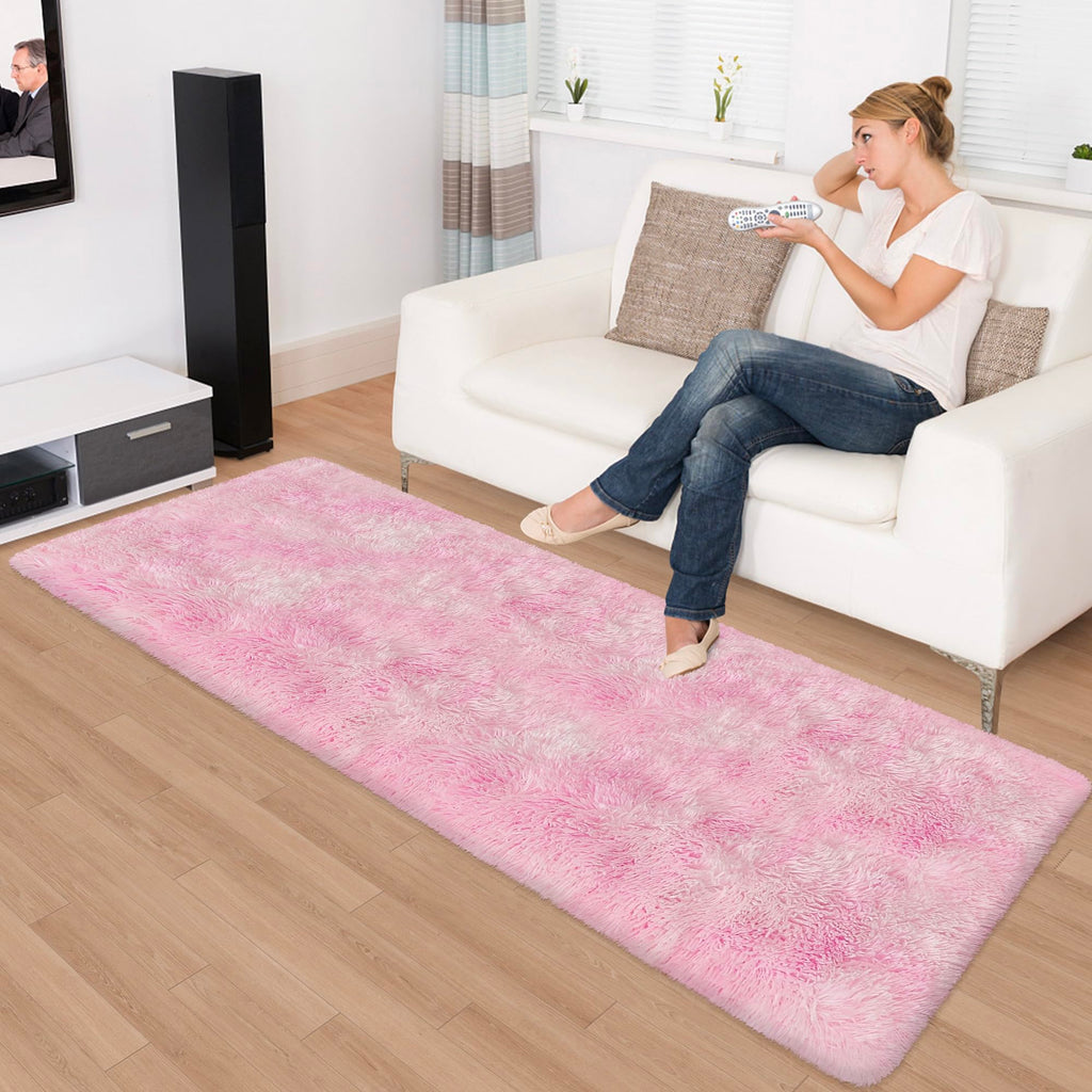 JiaoBaba Super Soft Fluffy Living Room Area Rug 2x6 ft Tie-Dyed Light Pink Shaggy Furry Carpet Washable Non-Slip Floor Rugs Bedroom Bedside Nursery Kawaii Rug Fuzzy Girls Dorm Home Decor Aesthetic