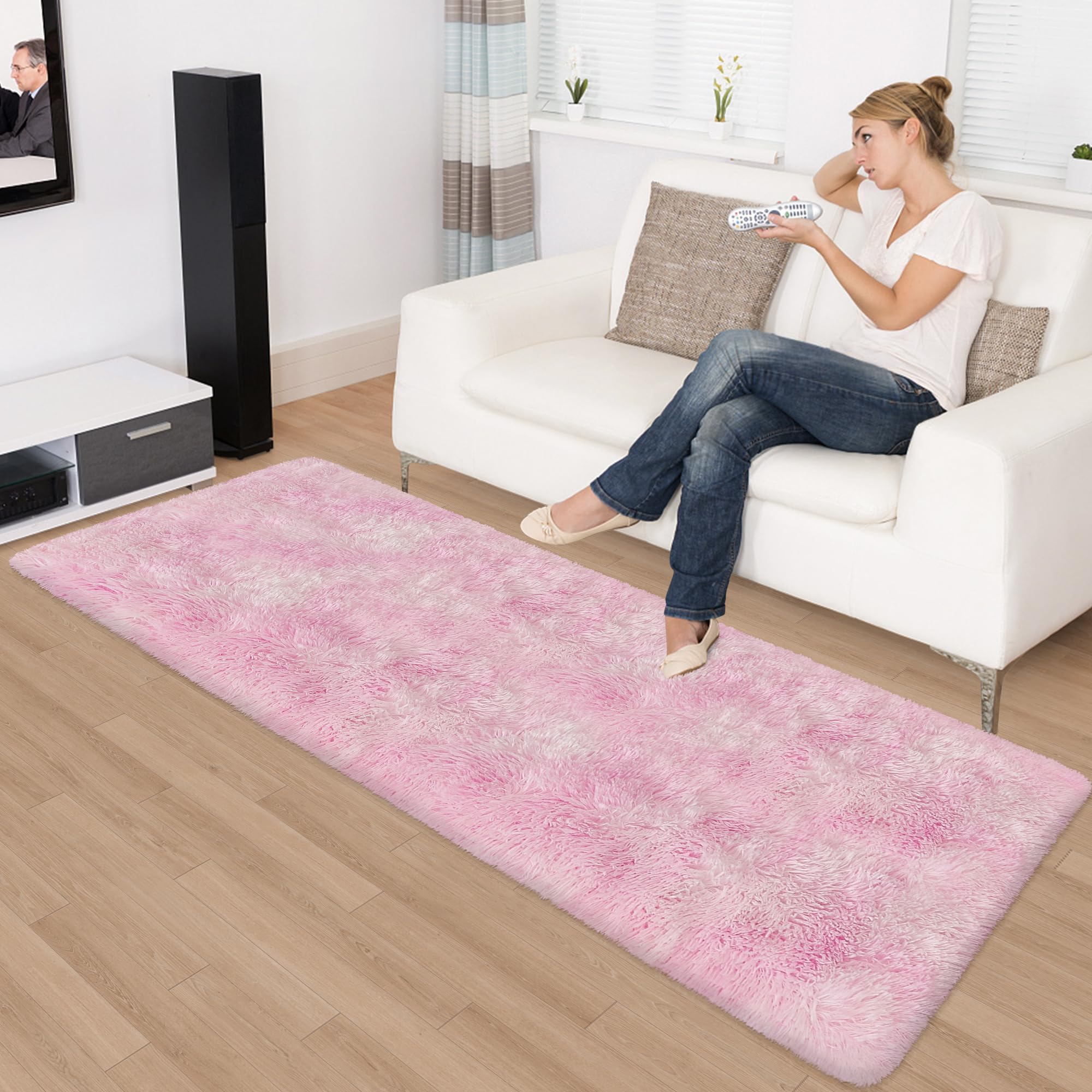 JiaoBaba Super Soft Fluffy Living Room Area Rug 2x6 ft Tie-Dyed Light Pink Shaggy Furry Carpet Washable Non-Slip Floor Rugs Bedroom Bedside Nursery Kawaii Rug Fuzzy Girls Dorm Home Decor Aesthetic