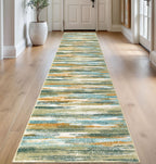 Lansny Modern Abstract Runner Rug 2.6x14, Green Mustard Multi Washable Long Kitchen Runner Non-Slip Soft Hallway Rug Runner Thin Print Faux Wool Carpet for Entryway Bedroom Laundry Room Indoor