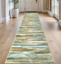 Lansny Modern Abstract Runner Rug 2.6x14, Green Mustard Multi Washable Long Kitchen Runner Non-Slip Soft Hallway Rug Runner Thin Print Faux Wool Carpet for Entryway Bedroom Laundry Room Indoor