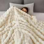 COOVA Faux Fur Throw Blanket for Couch, Cozy Soft and Fuzzy Plush Rabbit Fur Bubble Blanket for Sofa Bedroom Living Room, 60x80 Inches Ivory White