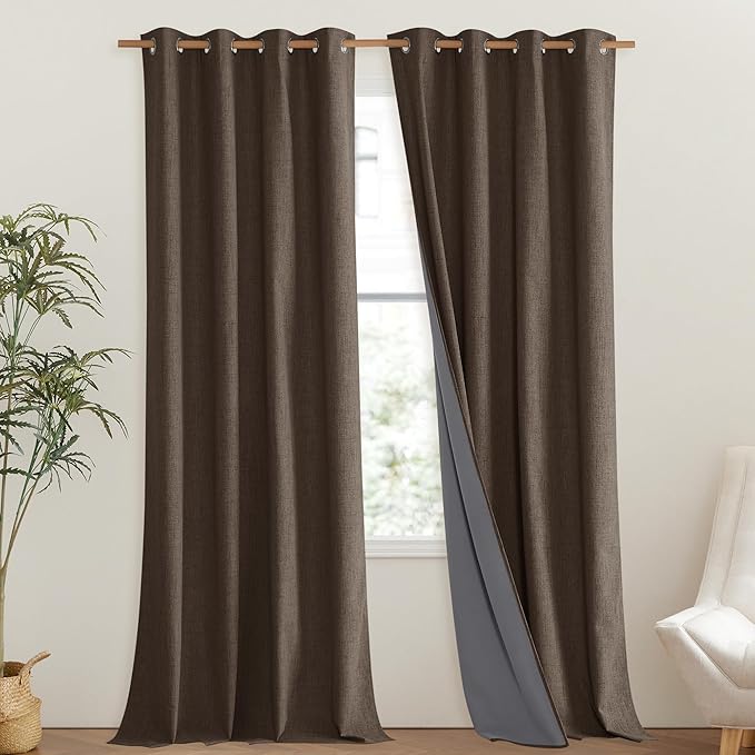 NICETOWN Coffee Vintage Linen 100% Blackout Curtains for Living Room, Thermal Insulated Curtains 95" Long, Noise Reducing Window Treatment Drapes for Bedroom, 52" Wide Per Panel, Set of 2