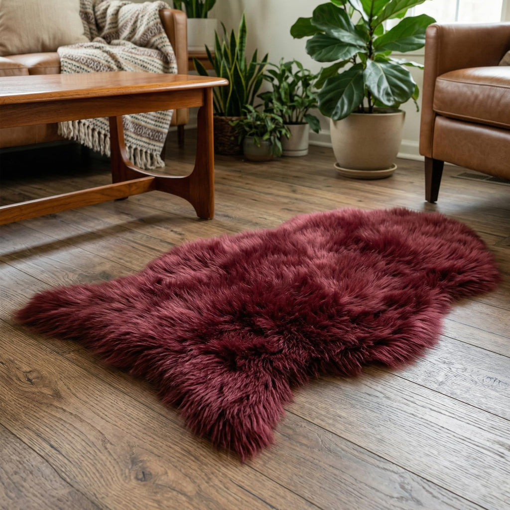 duduta Burgundy Faux Sheepskin Rug 2x3 ft, Fluffy Fur Seat Chair Covers