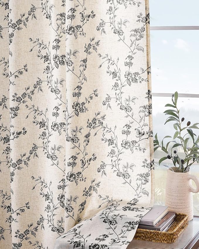Lazzzy Farmhouse Linen Curtains Black Floral Curtains 90 Inch Length Back Tab Drapes for Living Room Bedroom Light Filtering Country Vintage Rod Pocket, 2 Panels, Black on Beige
