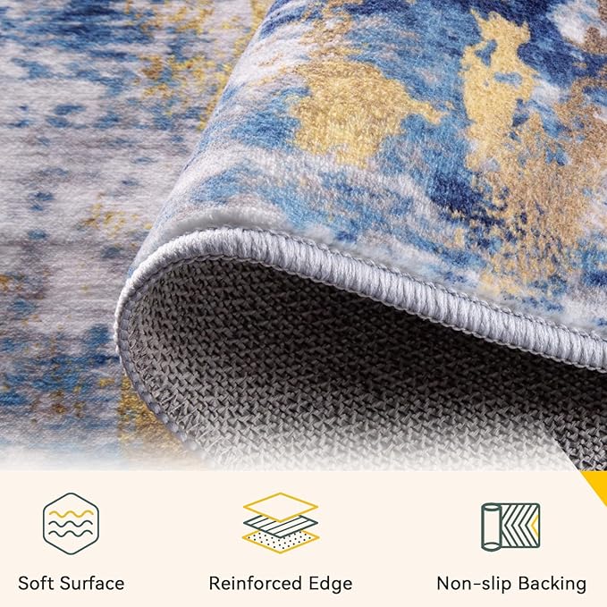 RELEANY Washable 8'x10' Abstract Area Rug for Living Room Blue Gold