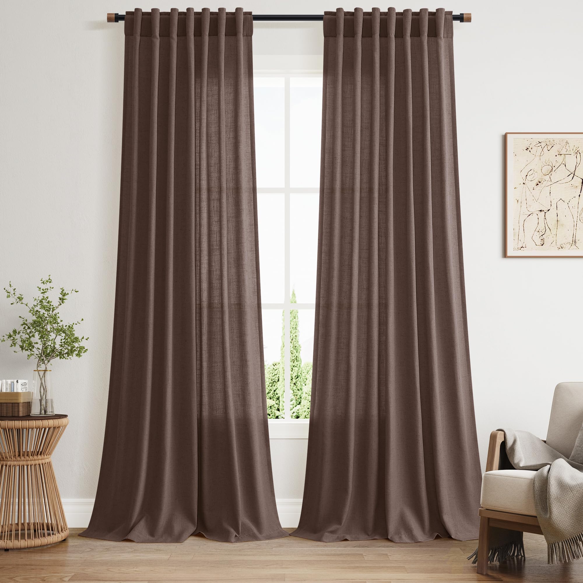 Extra Long Curtain Cappuccino Morden Linen Blend Light Filtering Back Tab Curtains for Long Winodws 120 Inches Length, Semi Sheer Privacy Drapes for Living Room, 52x120 inch, 2 Panels