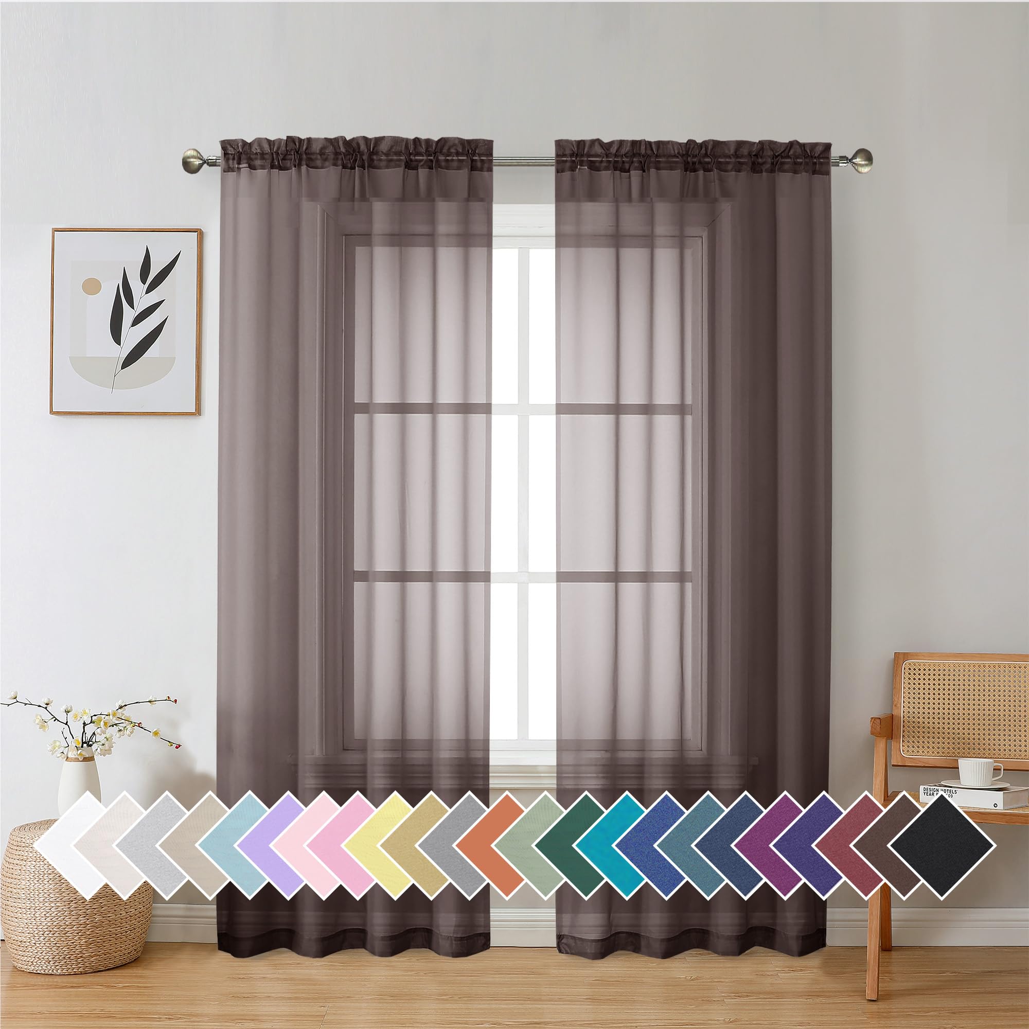 Aiyufeng Chocolate Sheer Curtains 72 Inches Long 2 Panels, Solid Voile Top Dual Rod Pockets Stylish Breathable Drapes Window Treatment for Kid's Room/Bedroom/Living Room, 42W x 72L, Chocolate Brown