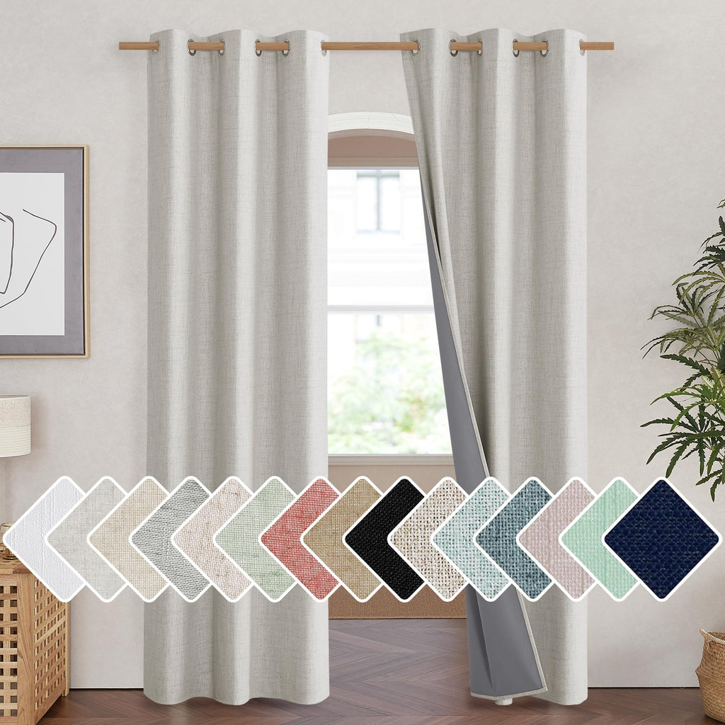 NICETOWN Snowbound Vintage Linen 100% Blackout Curtains for Living Room, Thermal Insulated Curtains 90" Long, Noise Reducing Window Treatment Drapes for Hall Room, 42" Wide Per Panel, Set of 2