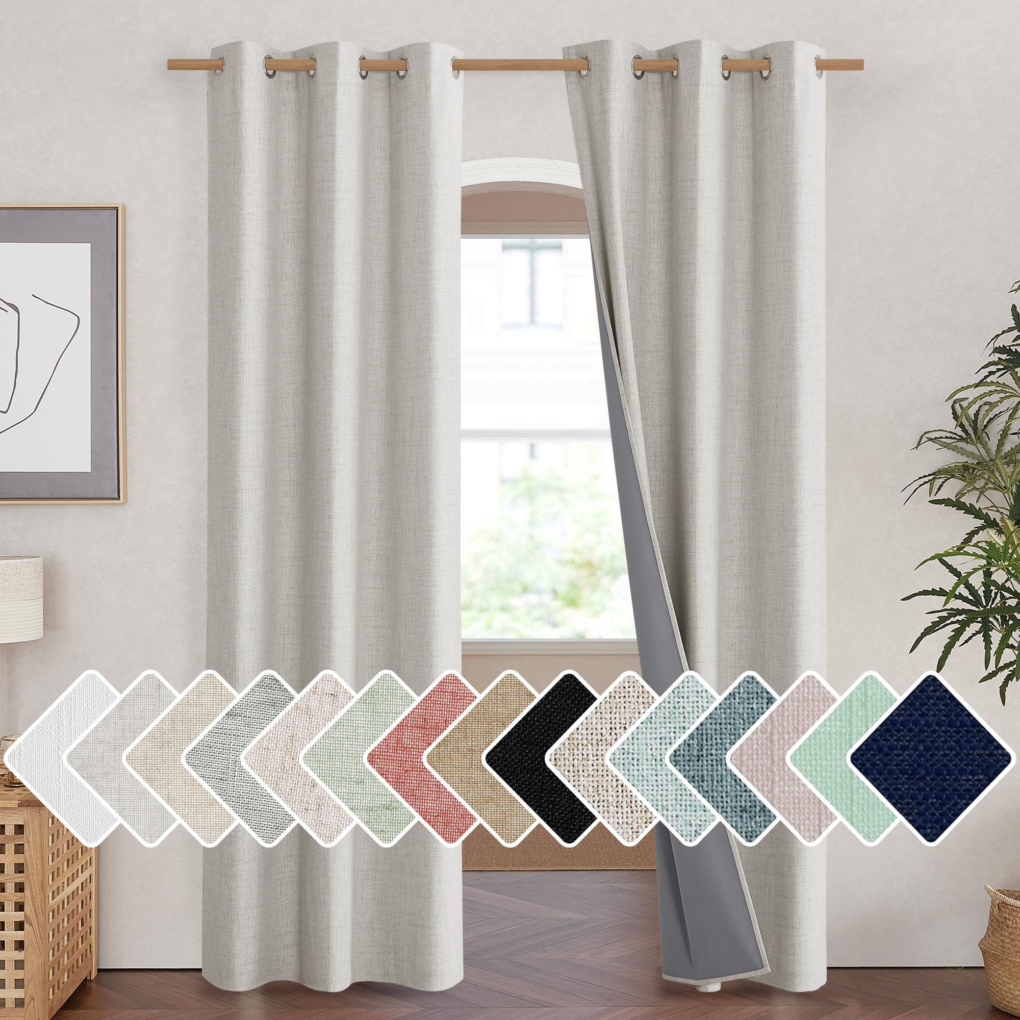 NICETOWN Snowbound Vintage Linen 100% Blackout Curtains for Living Room, Thermal Insulated Curtains 90" Long, Noise Reducing Window Treatment Drapes for Hall Room, 42" Wide Per Panel, Set of 2