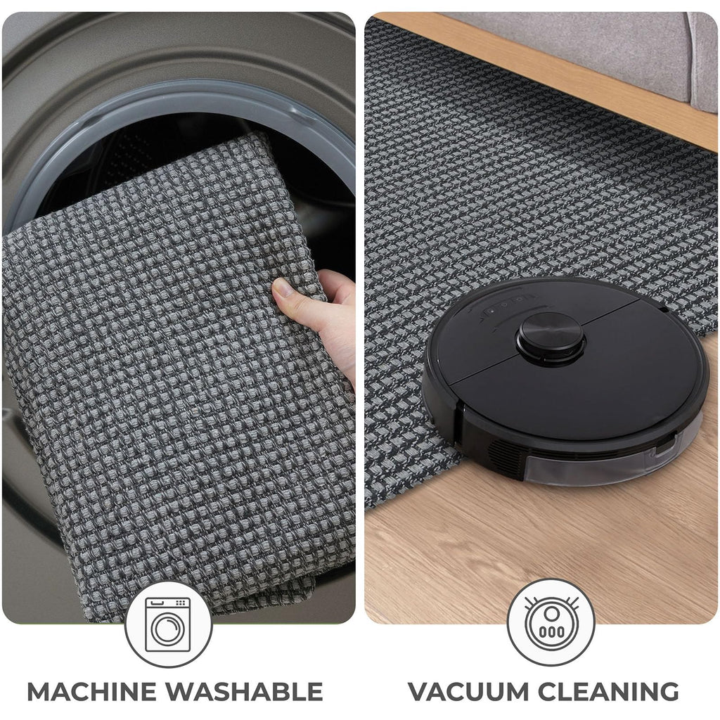 KOZYFLY Runners for Hallways 2x10 ft Washable Kitchen Runner Non Slip Rubber Backed Hallway Rugs Cotton Entryway Runner Rug Floor Carpet for Indoor Hall, Backdoor, Kitchen, Grey/Dark Grey