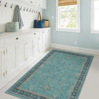 3x4 Teal Rugs for Entryway Indoor - Washable Non Skid Area Rug for Large Kitchen, Bedside, Bathroom, Mudroom, Boho Geometric Floral Design, Non Slip Low Pile Fade Resistant