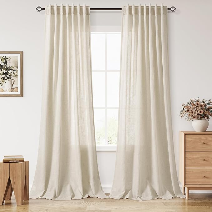 Birch Beige Linen Curtains for Living Room 100 Inches Long Light Filtering Semi Sheer Curtain Back Tab Modern Farmhouse Decor Elegant Luxury Coastal Drapes for Bedroom Dinner Room 52x100, 2 Panels