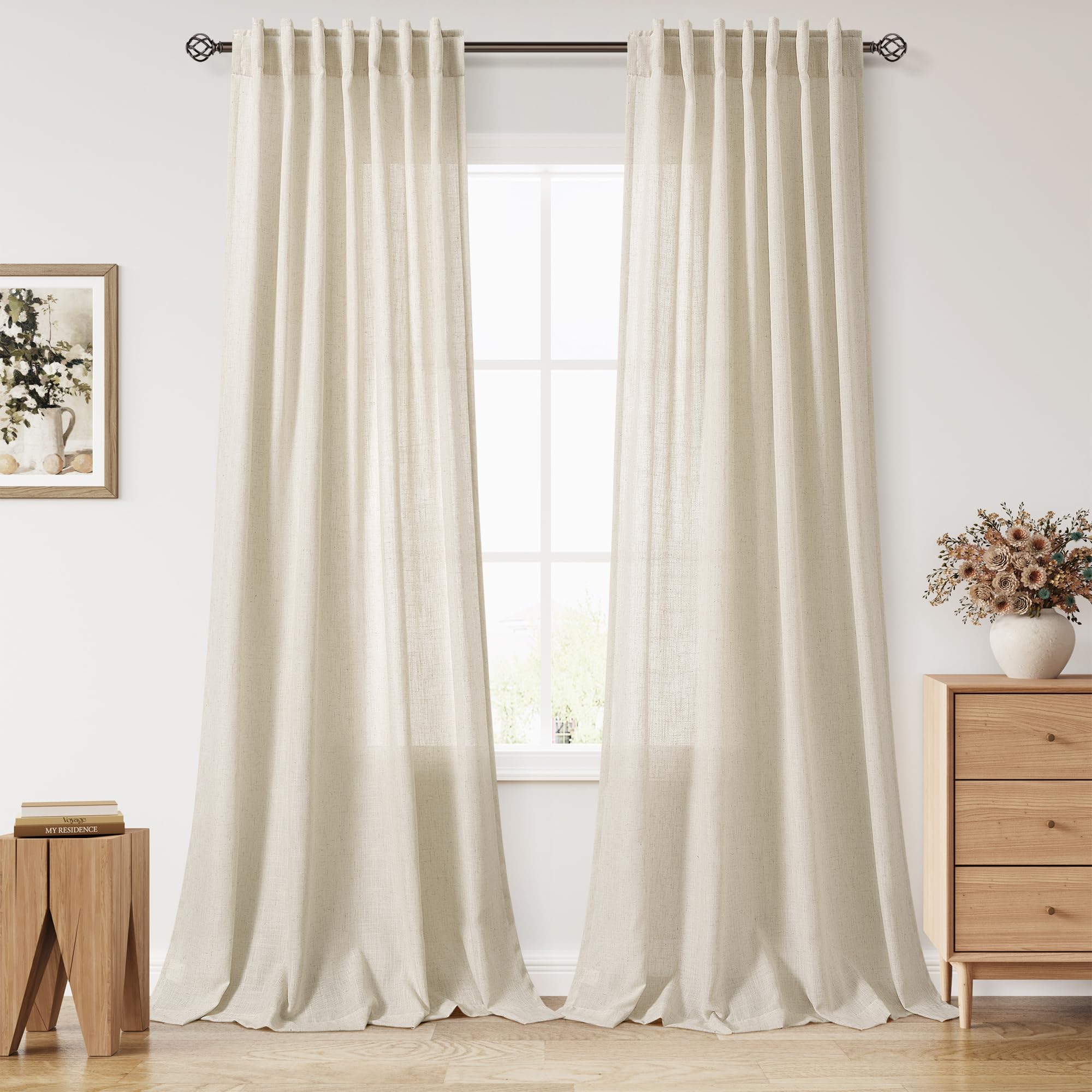 Birch Beige Linen Curtains for Living Room 100 Inches Long Light Filtering Semi Sheer Curtain Back Tab Modern Farmhouse Decor Elegant Luxury Coastal Drapes for Bedroom Dinner Room 52x100, 2 Panels