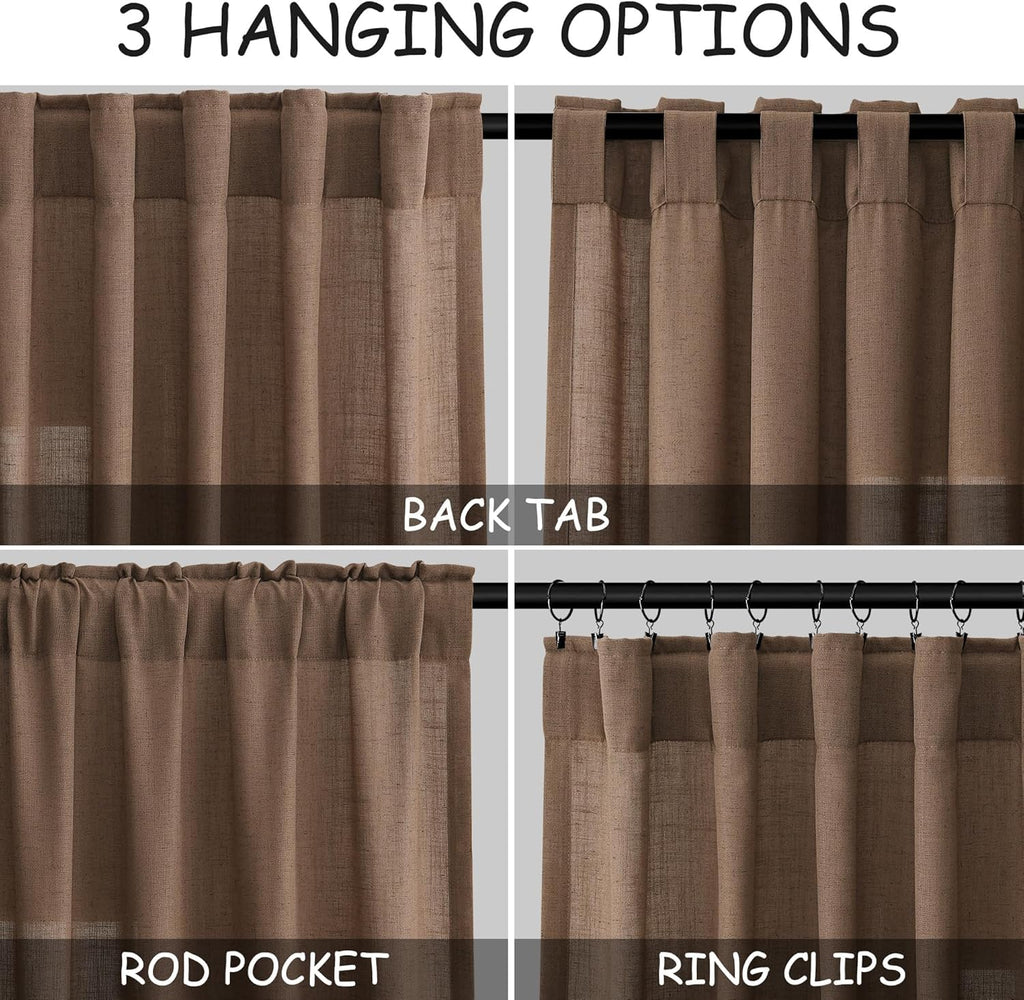 Nanspring Caramel Brown Linen Curtains for Living Room 92 Inches Long Back Tab Light Filtering Semi Sheer Vintage Rustic Curtain Luxury Boho Decor Drapes for Bedroom Office 52x92, 2 Panels