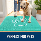 OLANLY Dog Door Mat for Muddy Paws 59x35, Paw Print Design, Absorbs Moisture and Dirt, Absorbent Non-Slip Washable Doormat, Quick Dry Chenille Mud Mat for Dogs, Entry Indoor Entryway Carpet, Teal