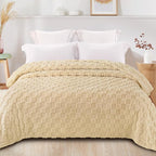 Exclusivo Mezcla Queen Size Flannel Fleece Blanket, Super Soft and Warm Lightweight Checkered Pattern Blankets for All Seasons, 90x90 Inches, Beige