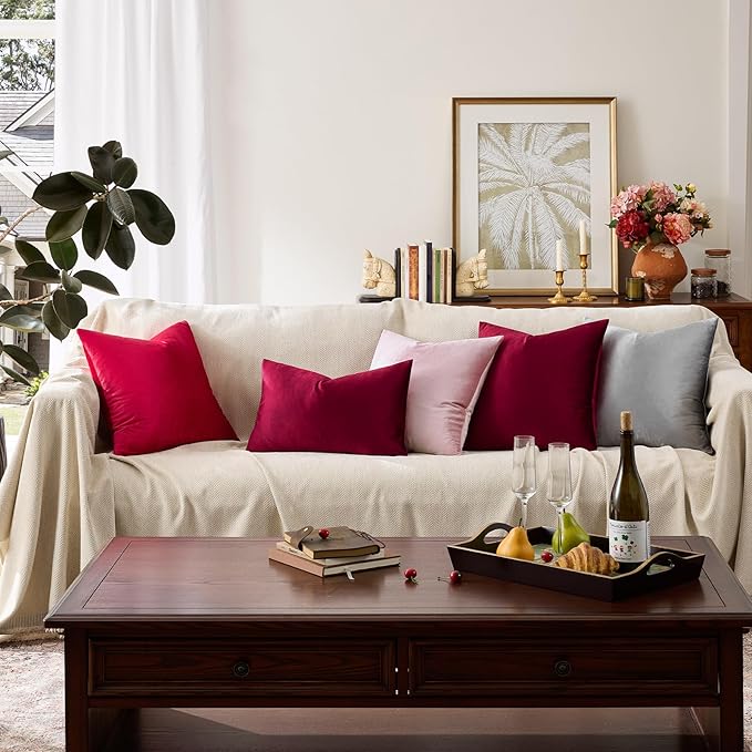 GIGIZAZA Burgundy Velvet Pillow Covers 18x18 Decorative Pillows Pack of 2