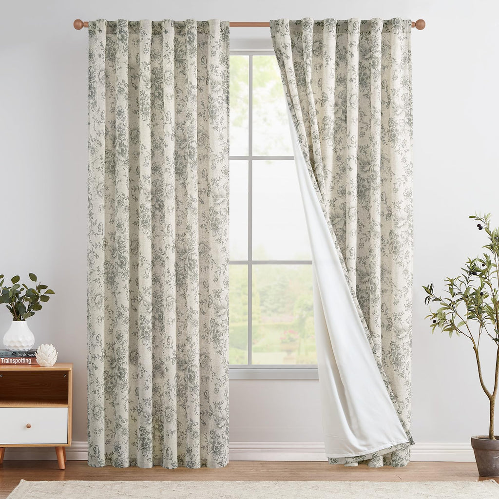 jinchan Grey Floral Linen Light Filtering Curtains for Living Room 90 Inches Long