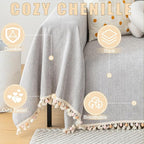 HANDONTIME Grey Sofa Cover for Couch Boho Couch Cover for 3 Seat Dog Couch Cover Love Seat Couch Covers Light Grey Sectional Cover 71" X134" Tassel Chenille Herringbone Sofa Covers Washable