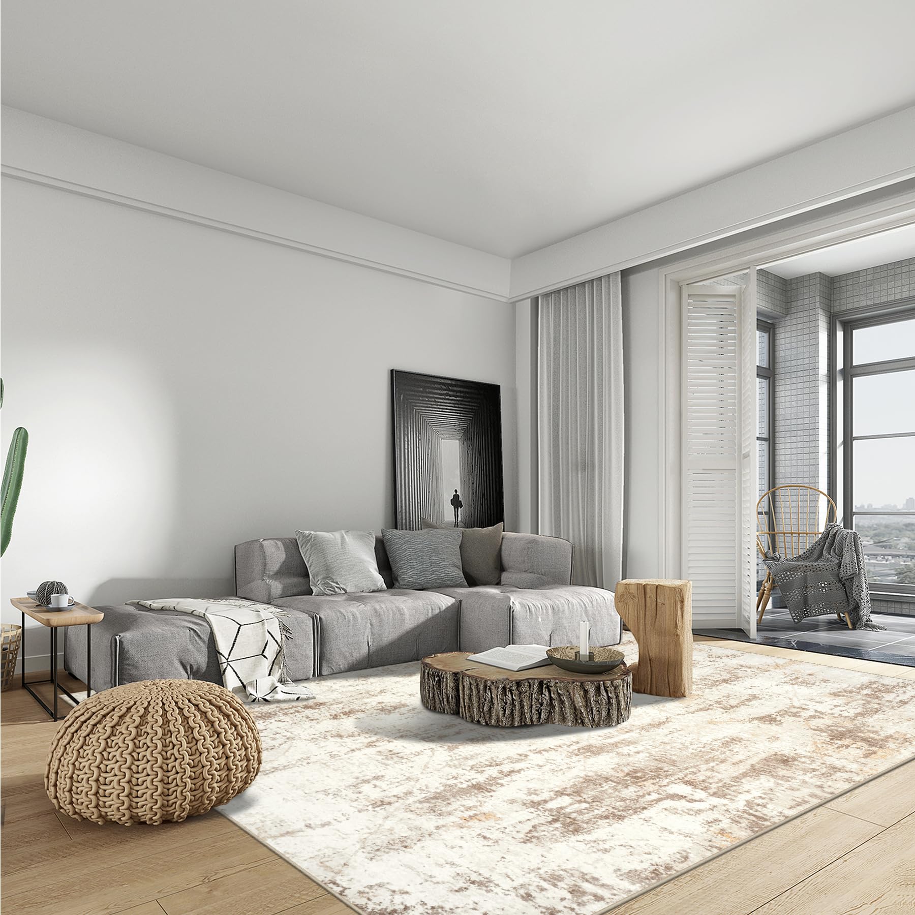 5x7 Area Rugs for Living Room: Washable Abstract Beige Grey Badroom Carpet