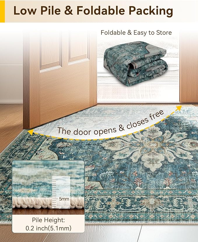 RELEANY Washable Area Rug, Runner 3'x7', Blue/Vintage Dark Blue